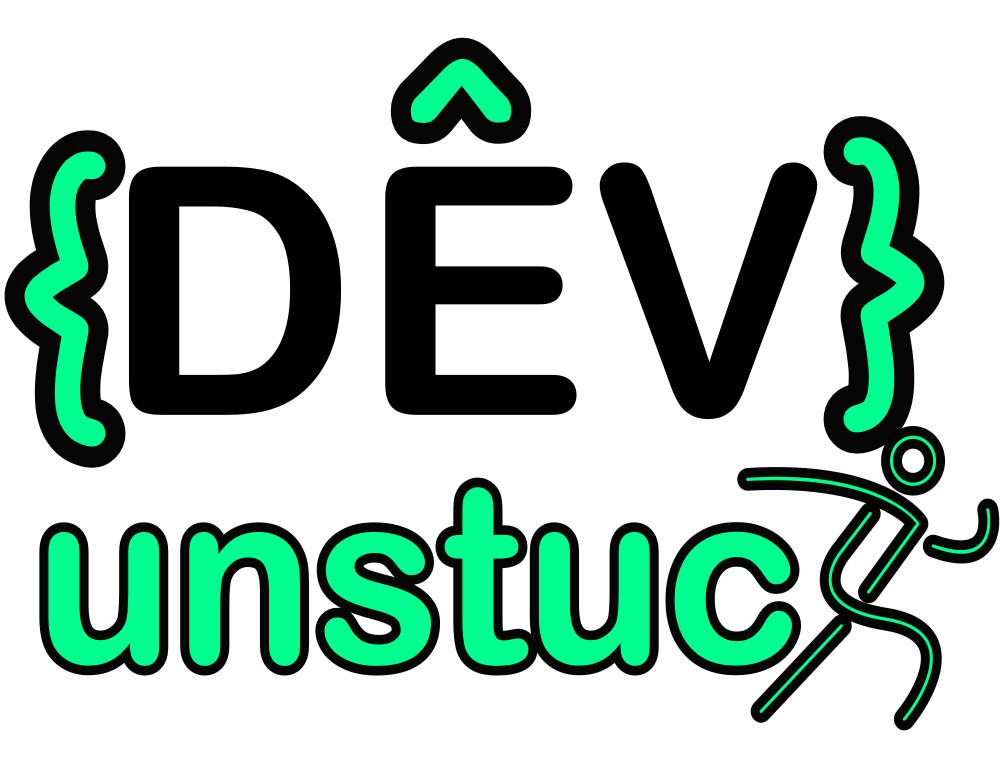 DEV unstuck logo, a stick figure k runs away.