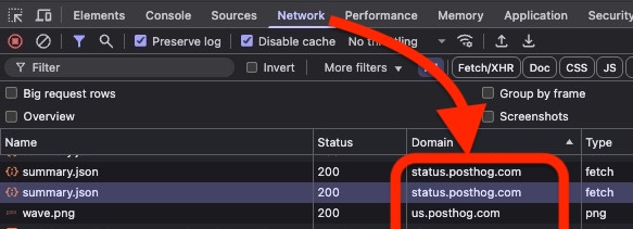 Browser Developer Tools Network tab highlights requests to posthog.com