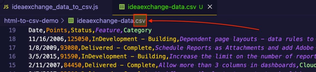 comma-separated list in a .csv file opened in code editor.